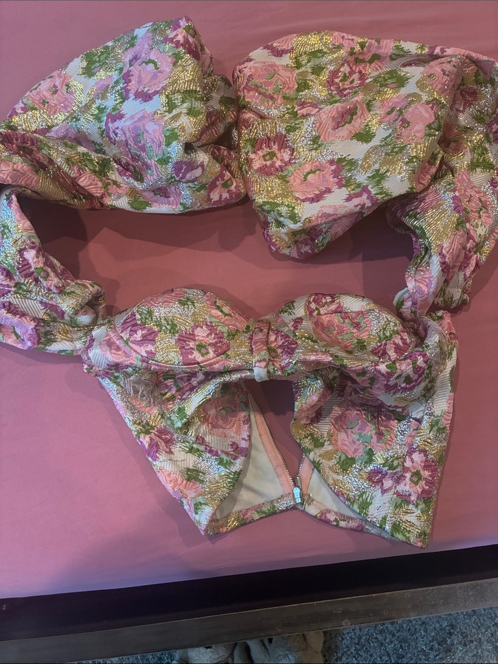 AKIRA Pink Green Floral Cropped Bustier Top with Gold Accents